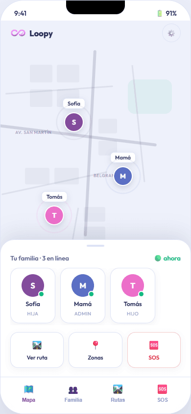 Pantalla de mapa de Loopy mostrando la ubicación en vivo de los integrantes de un Loopy
