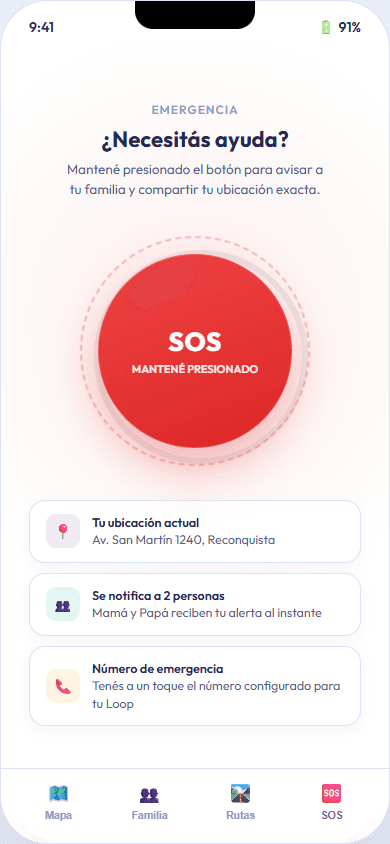Pantalla del botón de emergencia SOS de Loopy