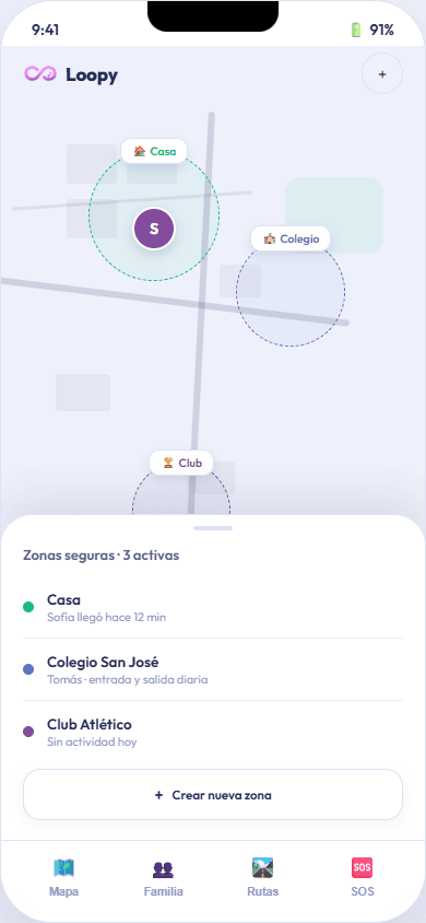 Pantalla de zonas seguras de Loopy con Casa, Colegio y Club marcados en el mapa